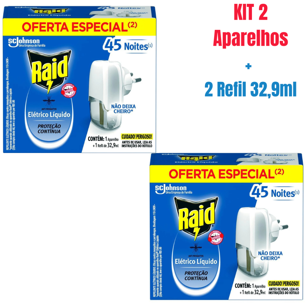 Kit 2 Aparelho Repelente Raid Elétrico + 2 Refil 45 Noites 32,9ml em Oferta na Shopee