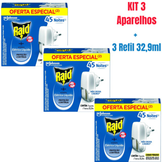 Kit 3 Aparelho Repelente Raid Elétrico + 3 Refil 45 Noites 32,9ml em Oferta na Shopee