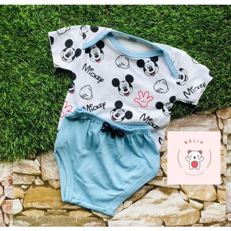 Kit Conjunto Infantil Mickey Body + Cueca Mesversário Bebê Temático Bore Masculino Azul Bori Personagem Bory
