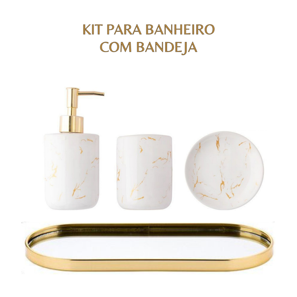 Kit Lavabo Banheiro Cerâmica 3 Peças com Bandeja Luxo Dourado