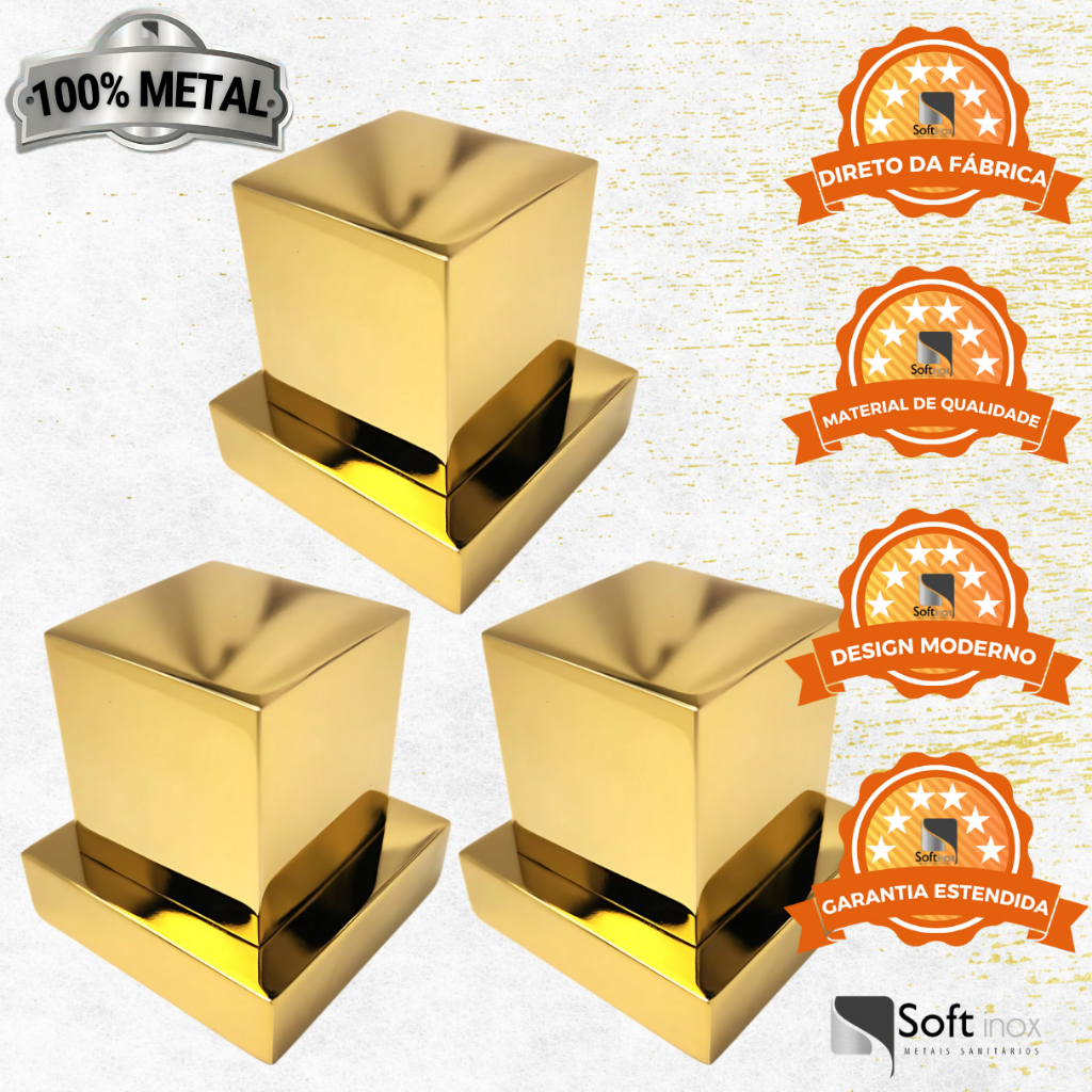 Kit 3 Acabamentos de Registro Padrão Deca Quadrado Dourado