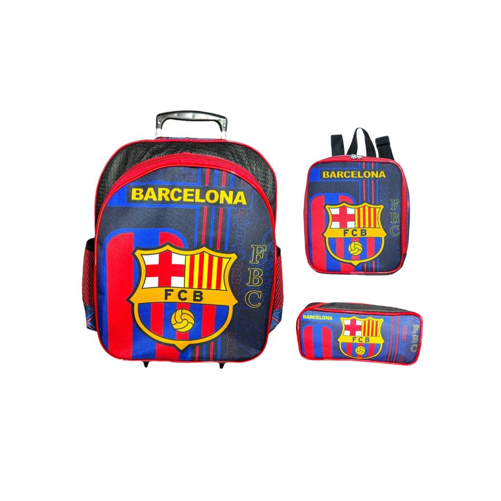 Kit Mochila Infantil Escolar Meninos  Rodinhas Futebol Barcelona Tamanho G