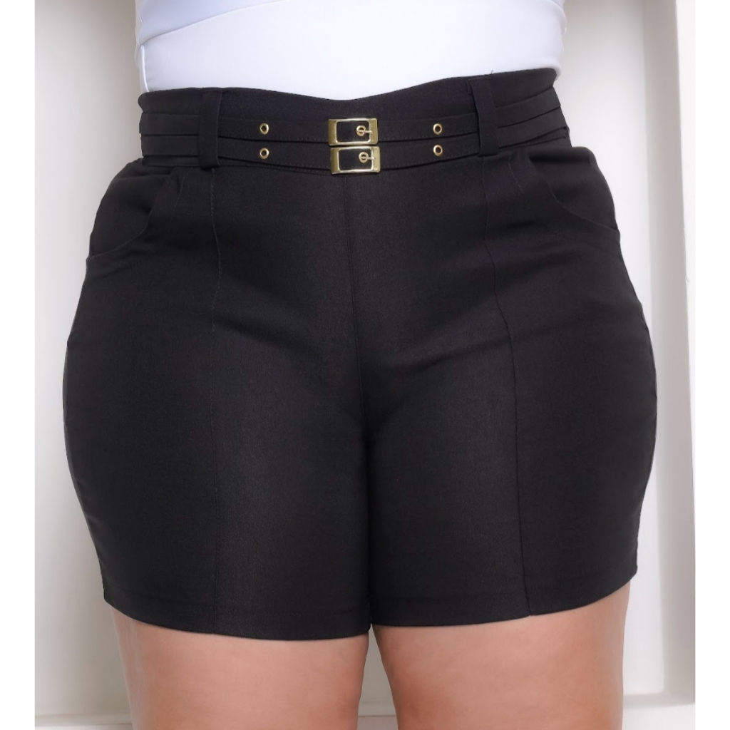 Shorts Feminino Plus Size Bengaline com Cinto e Bolsos M ao G2 - Conforto e Elegância