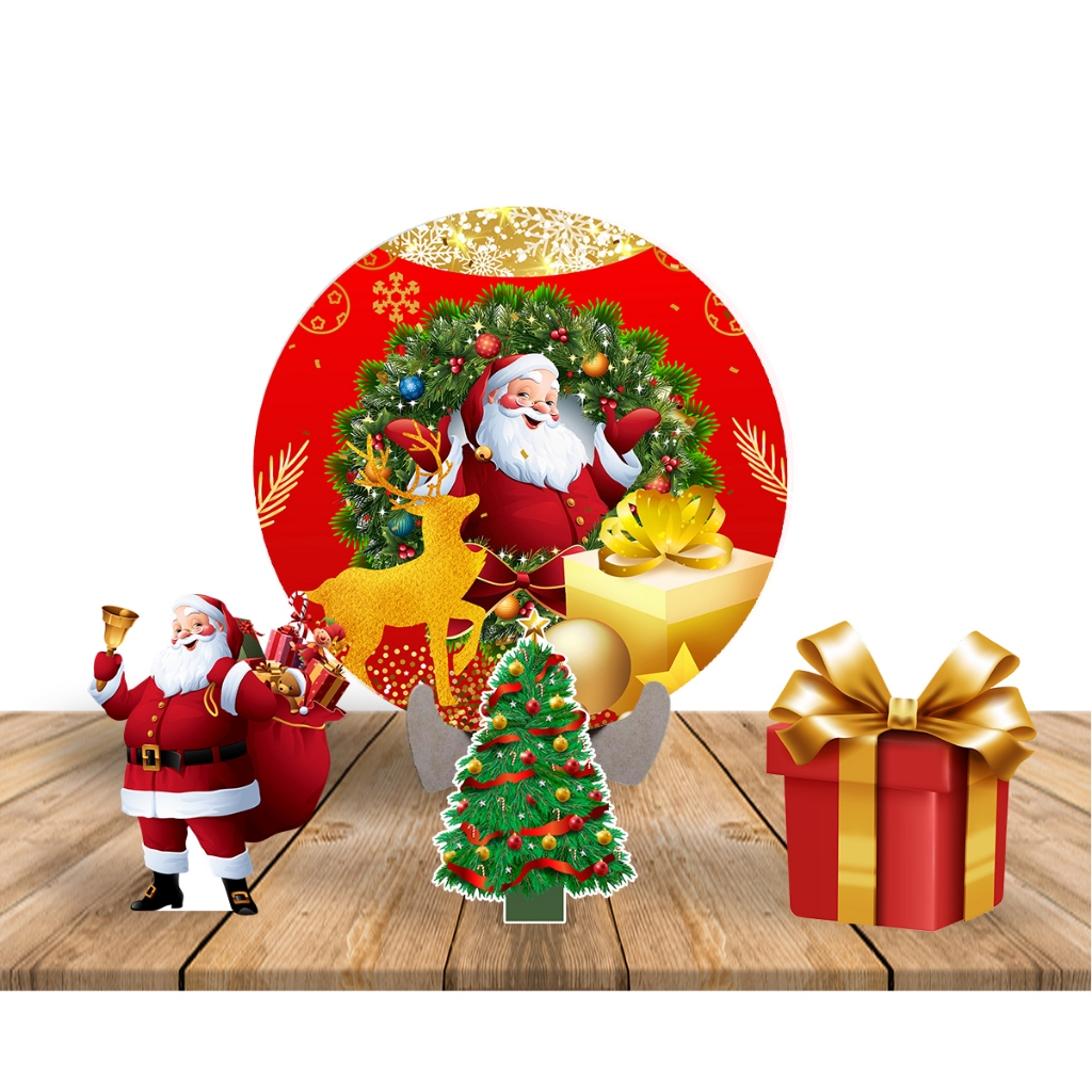 Painel De Festa Redondo 50cm com Suporte MDF + 03 Totens Display MDF 25cm Natal Papai Noel