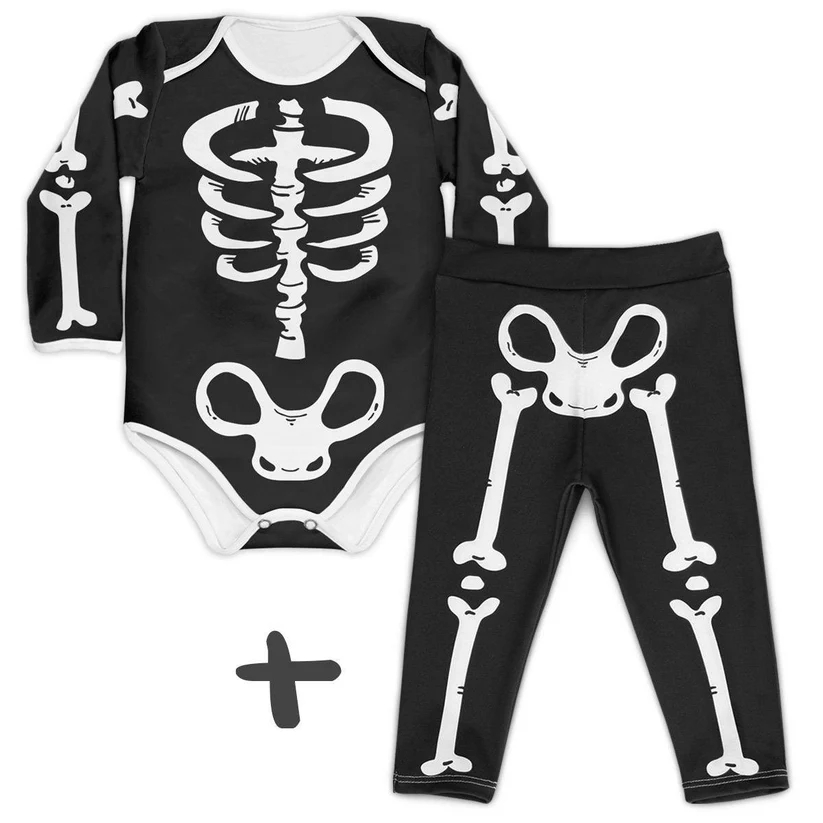 Conjunto Unissex Bebê Body Esqueleto + Fake Calça MiniBoo Proteção Solar 50+ Manga Longa, Curta e Regata