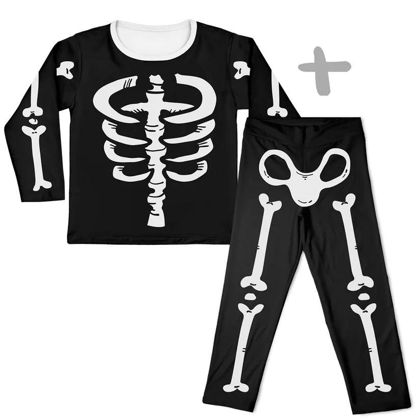 Conjunto Unissex Camiseta Kids Esqueleto + Calça Esqueleto MiniBoo Proteção Solar 50+ Manga Longa, Curta