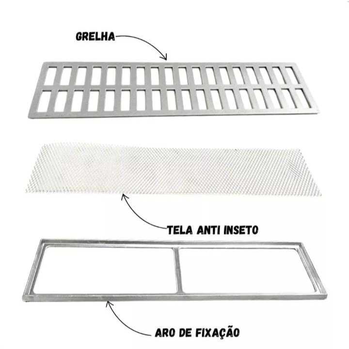 Ralo linear 15x250cm em aluminio com tela anti inseto e armaçao kit com 5 peças com parafuso anti furto