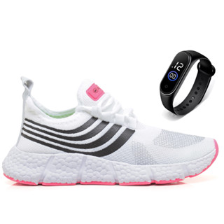 Kit Tênis Feminino Original Academia Branco Preto Rosa Fast Yy + Relógio Digital em Oferta na Shopee