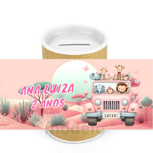 Adesivo para cofrinho 10x6 personalizado Safari Rosa Papel fotográfico brilhante adesivo(APENAS ARTE E IMPRESSÃO)
