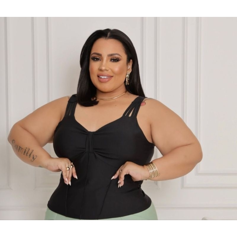 Cropped Plus Size Regata Blusinha Ajustada Alcinha Dupla Cropped Laço