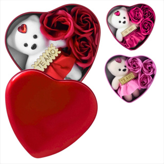 Caixa De Presente Coração Em Metal Com Ursinho E Flores em Oferta na Shopee