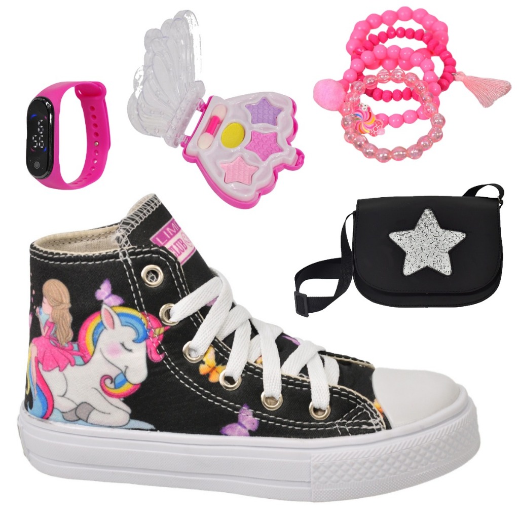 Tênis Botinha Infantil Feminino Menina Unicórnio Sereia + Bolsa Estrela Relógio Paleta Pulseira