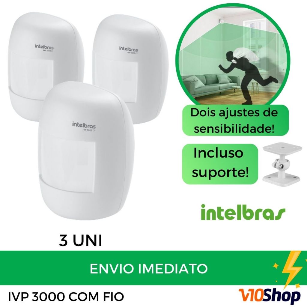 3 Sensor Movimento Com Fio IVP 3000 CF para Central Alarmes Infravermelho Intelbras
