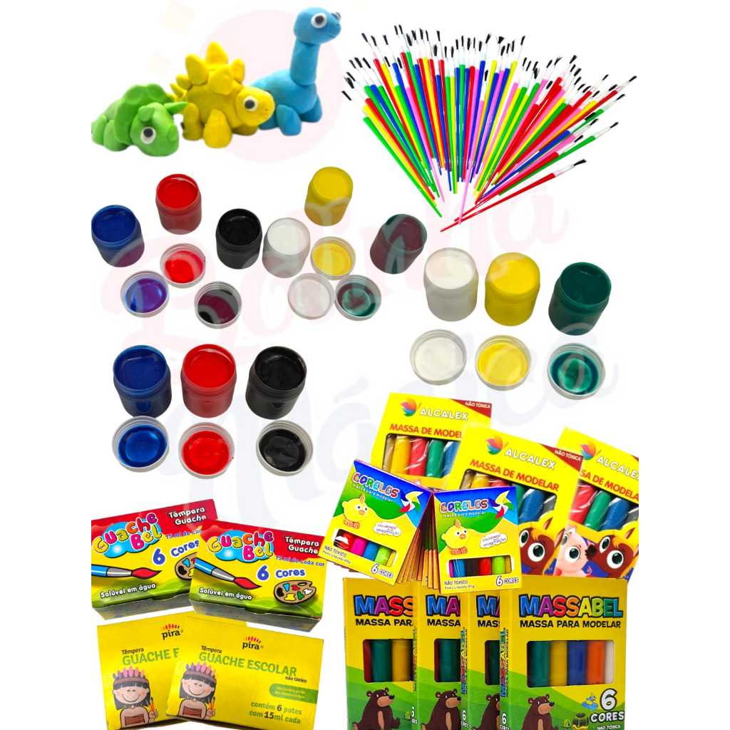 12 Cx Tinta Guache + 12 Massinha De Modelar + 12 Pincel Lembrancinha Para Aniversario Prenda Criança em Oferta na Shopee