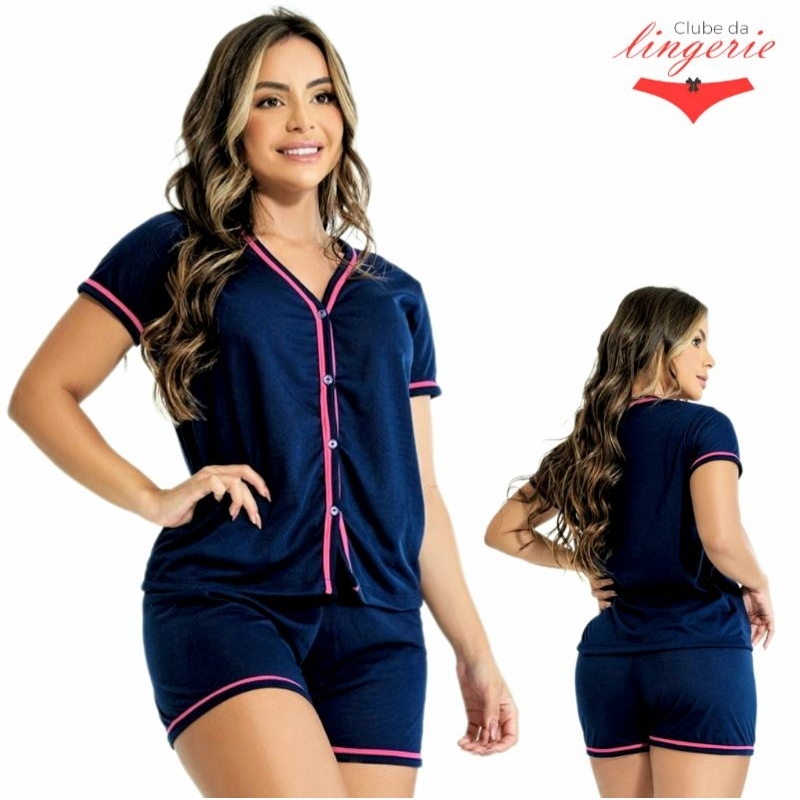 Pijama Americano Feminino Short Doll Blogueira Com Botões Maternidade Amamentação Cirúrgico