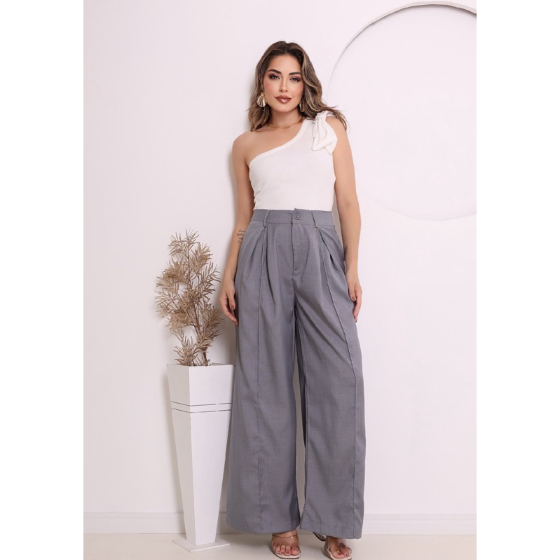 Calça Pantalona Cintura Alta em Alfaiateria Moda  FemininaQB235