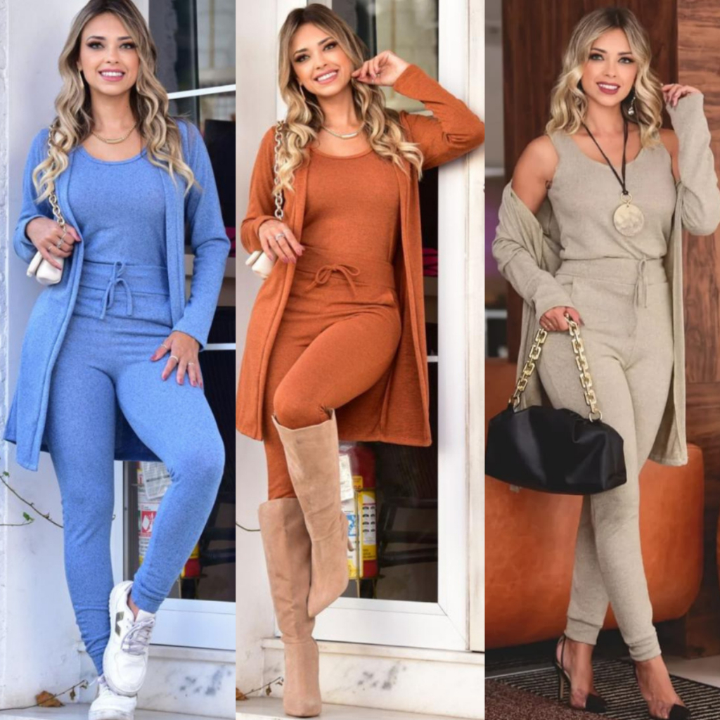 Conjunto 3 Peças Lanzinha regata quimono Com Calça + Camiseta Elegante