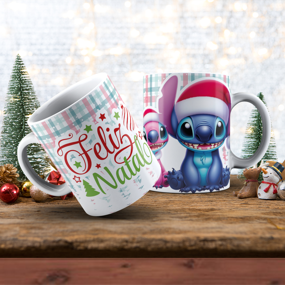 Caneca Personalizada Feliz Natal Stitch Vários Personagens Presente Amigo secreto