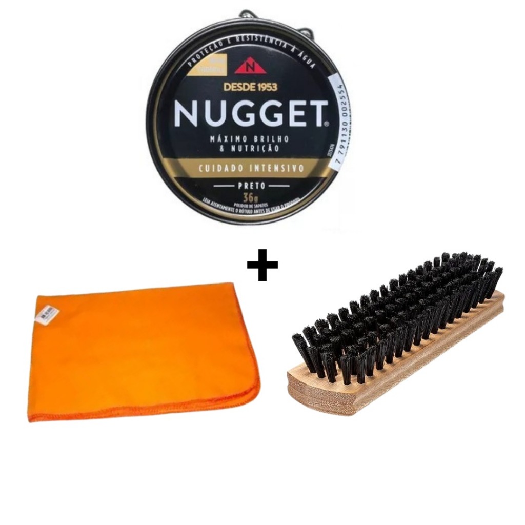 Polidor de Sapato Pasta Cor Preta Nugget Lata 36g + Flanela + Escova