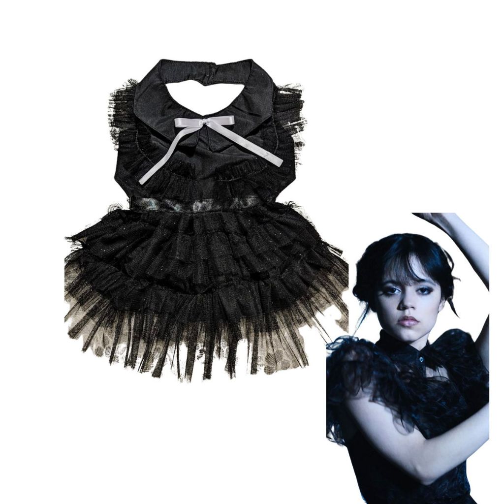 Fantasia Halloween Pet Wandinha Addams -Vestido pets de Halloween, fantasia pet para caes e gatos.