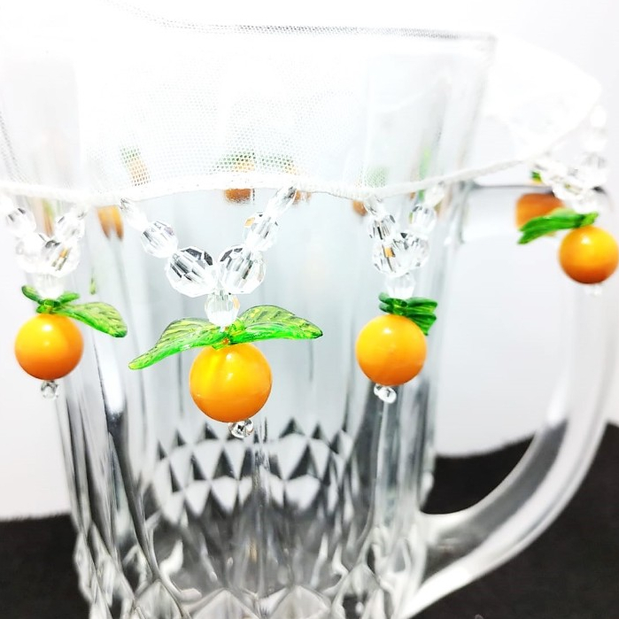 Cobre Jarra Suco em Pedrarias 20cm Protetor Bordado Cristal c/Laranja p/Mesa posta