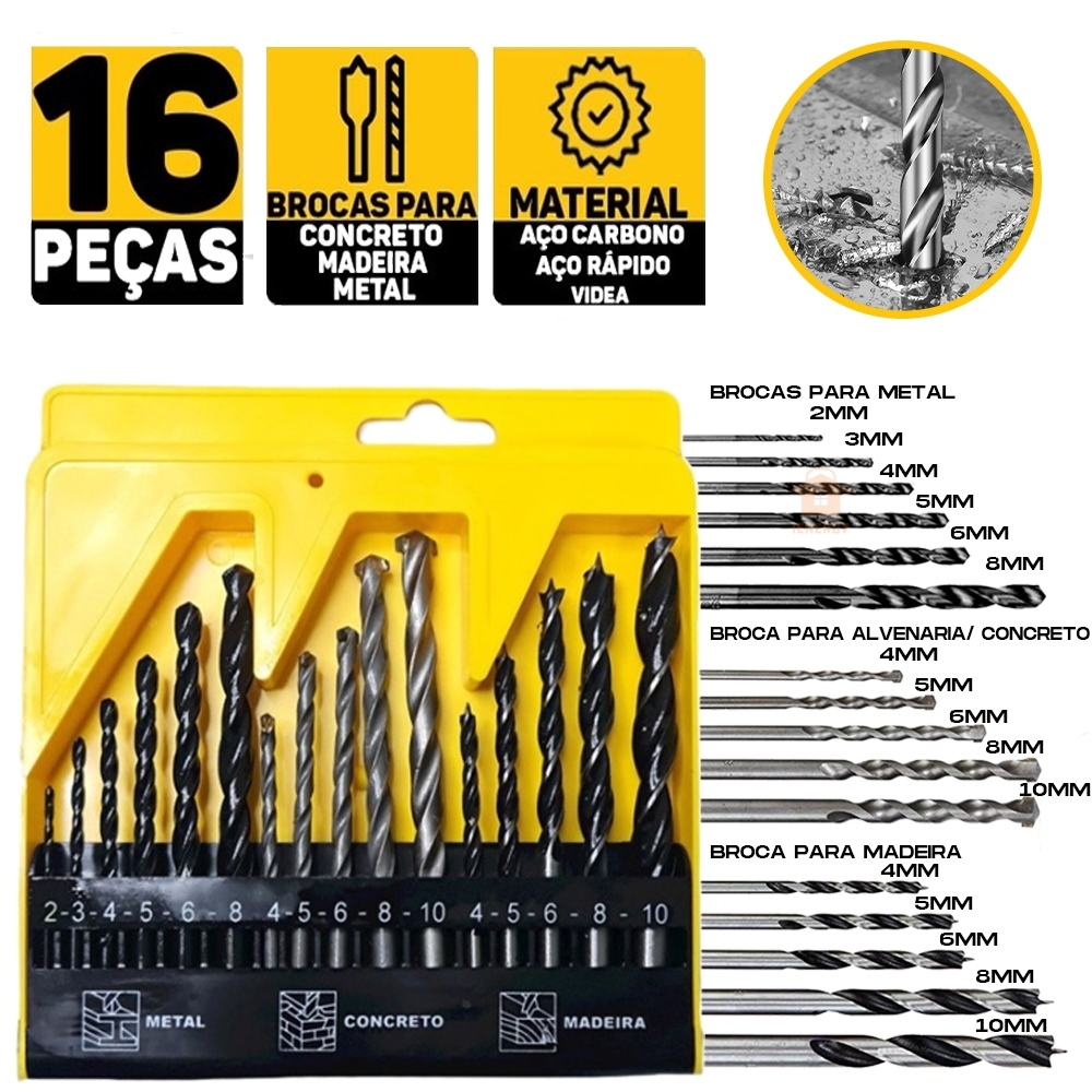 Jogo De Brocas 16 Peças C/ Estojo Madeira Ferro Concreto Metal Videa Aço Para Furadeira Parafusadeira