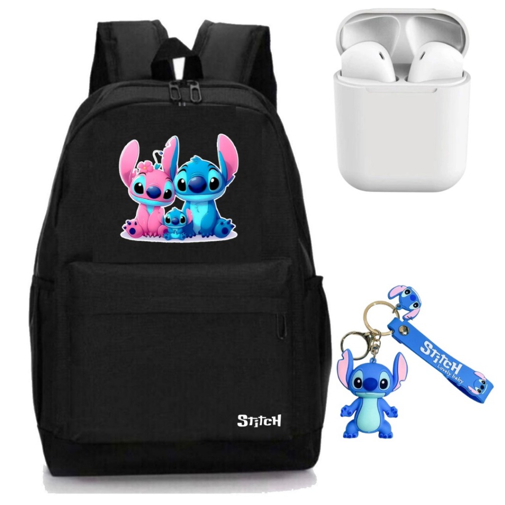 Mochila Masculino e Feminina Reforçada Bolso Lateral + Fone de Ouvido + Chaveiro Stitch em Oferta na Shopee