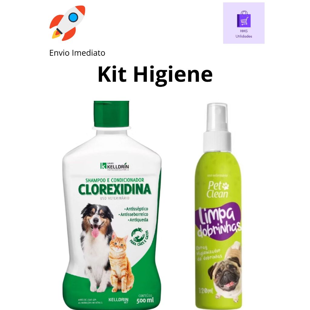 Shampoo E Condicionador Clorexidina 5 Em 1 500 Ml - Kelldrin + Limpa Dobrinhas Limpador De Dobras Cães Pet Clean 120ml
