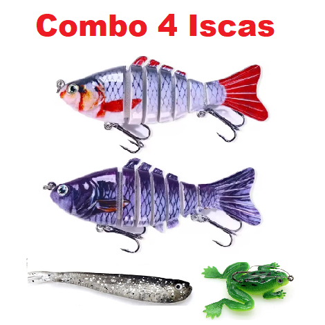 Combo 4 iscas artificiais - 2 iscas lambari articulado 10cm prata e dourado + 1 isca soft lambari + 1 isca frog c/ anzol