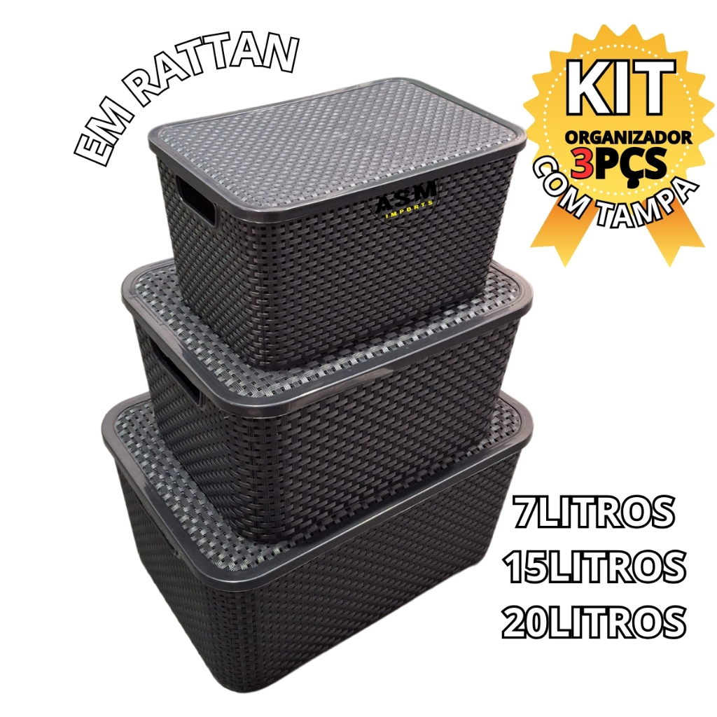 Conjunto de Caixa Organizadora Rattan 7L 15L e 20L Conjunto de Organizadores da Arqplast Armazenagem