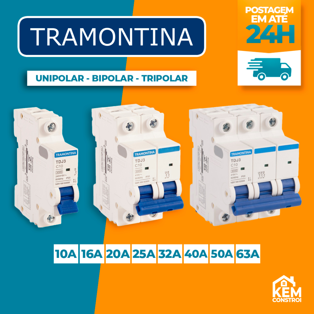Disjuntor Unipolar/Bipolar/Tripolar 10A a 63A Curva C Tramontina