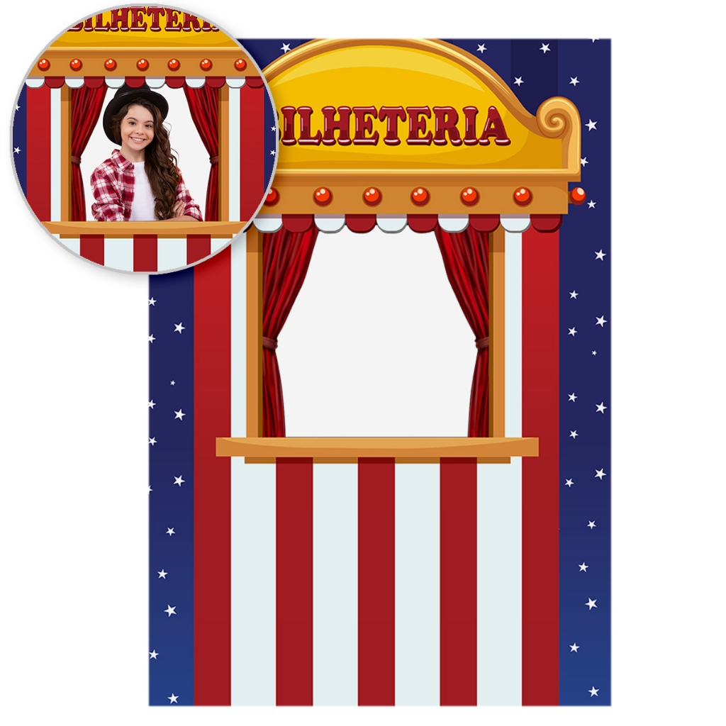 Painel Retangular Vazado Circo Bilheteria Lateral Interativo Sublimado Em Tecido 1,50x2,20