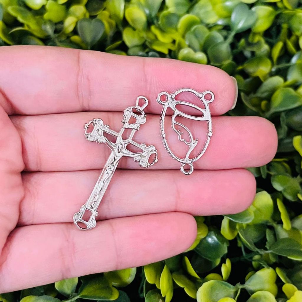 10 Crucifixos + 10 Entremeios para terço N. Sra. do Silêncio Níquel - kit para Montagem de Terços - Terços Católicos