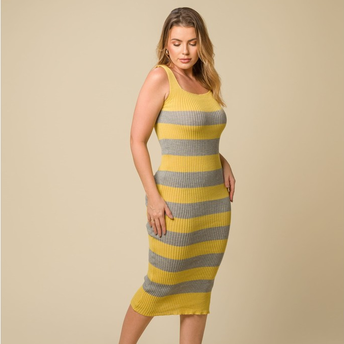 Vestido Midi Elegante Listrado Alça Grossa Canelado Verão Moda Casual dia a dia