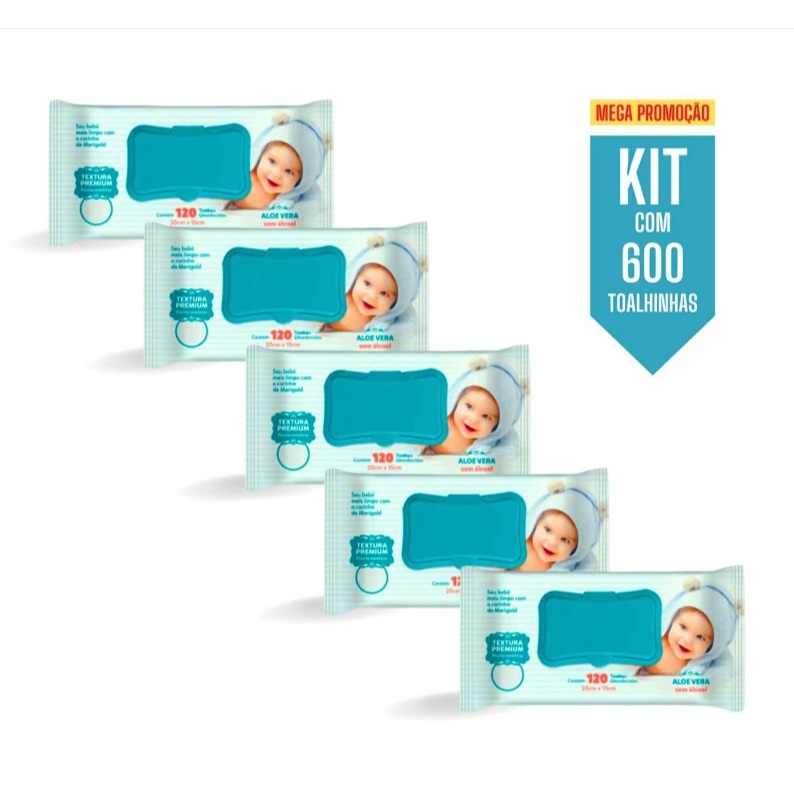 Kit Com 5 pacotes de Lenços Umedecidos Marigold Baby Premium 120 Un cada - AZUL