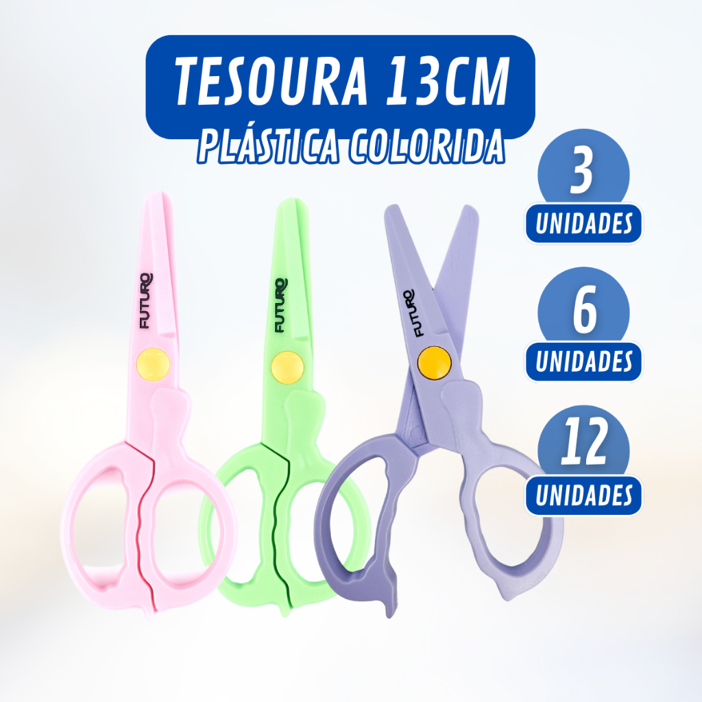Tesoura Escolar Plástica 13 Cm Infantil Kit Com 3 / 6 Ou 12 Unidades em Oferta na Shopee