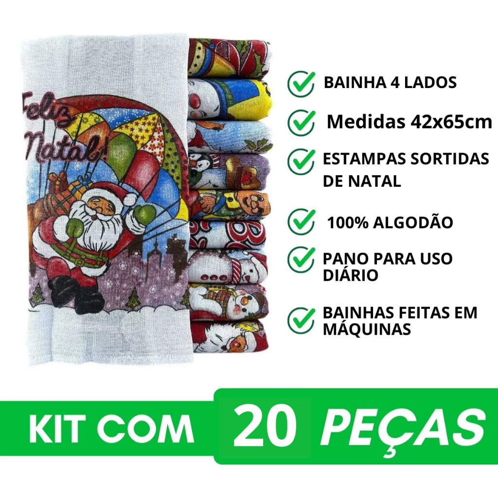 Kit 20 Pano De Prato e Copa Com Bainha Natal 42x65cm Alta Absorção Colorido Seca louça Bainha 4 Lados
