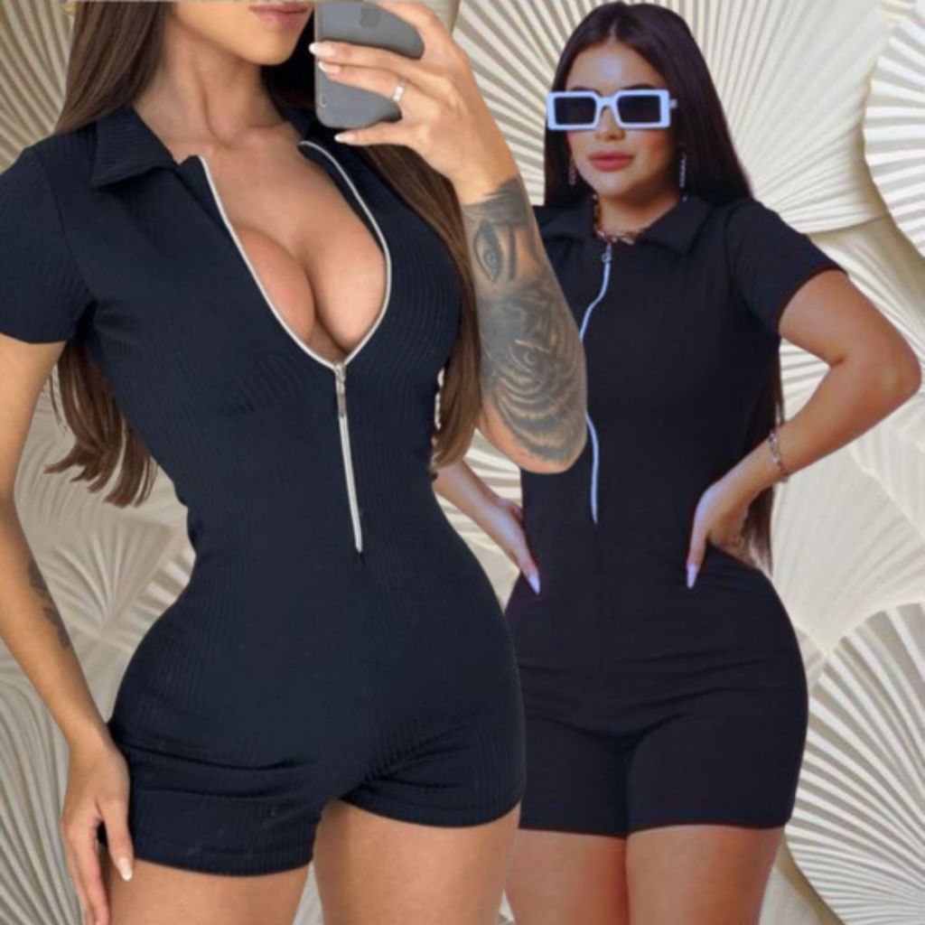 Macacão de Shorts Gringa Com Zíper Manguinha Canelado Roupas Femininas em Oferta na Shopee