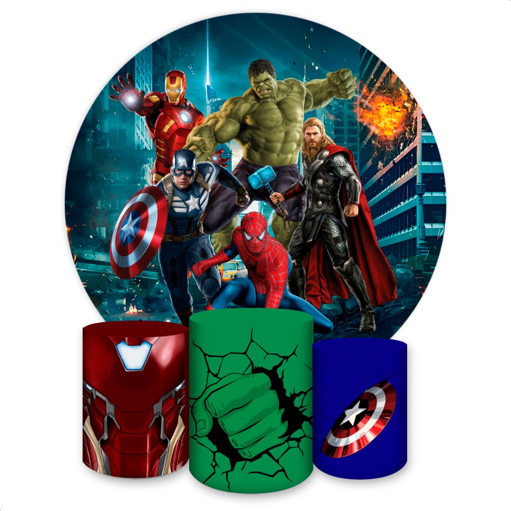 Kit Painel Redondo + Capas de Cilindro Sublimados Para Festa Tema Vingadores