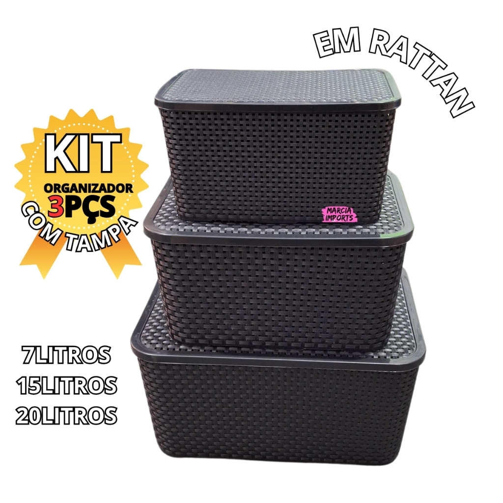 Conjunto Organizador com 3pçs de 7L 15L e 20Litros Caixa Organizadora p armazenamento Arqplast