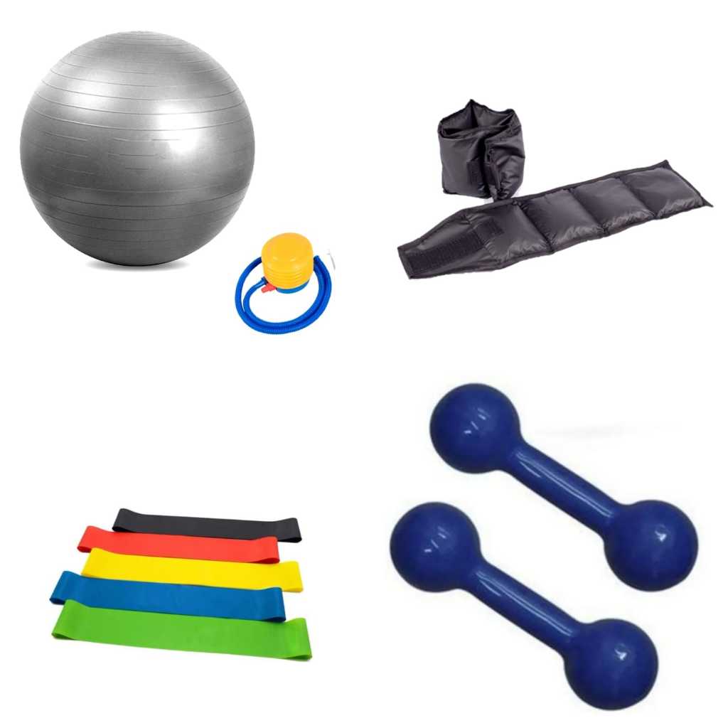 Kit Treino Completo: Halteres 0,5kg + Caneleira 0,5kg + Bola Pilates + Mini Band
