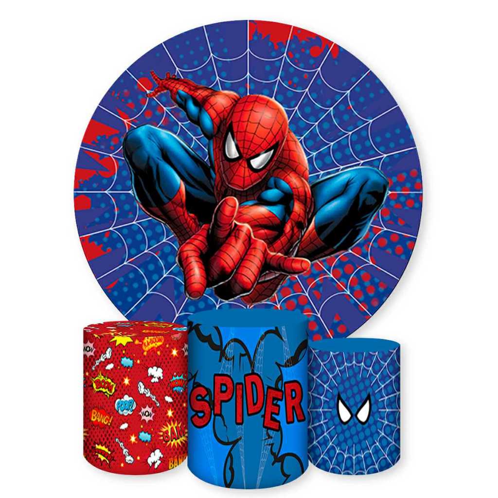 Kit Painel Redondo + Capas de Cilindro Sublimados Para Festa Tema Homem Aranha