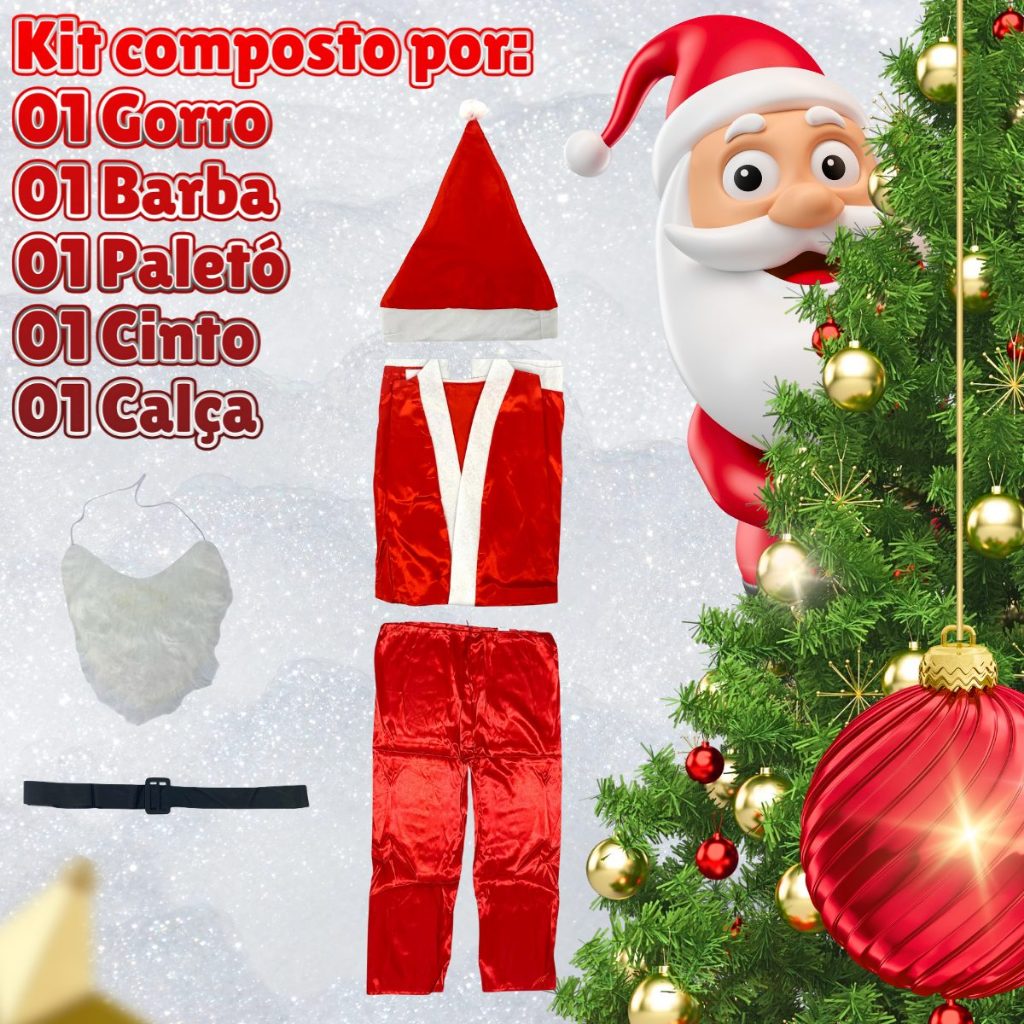 Fantasia Roupa de Papai Noel Adulto Conjunto de Natal Cetim - 5 peças