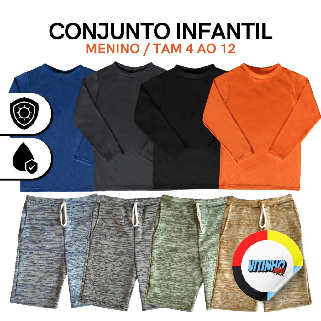 Conjunto Infantil Menino - Camiseta Poteção UV 50+ - Bermuda Moletom Rajado - TAM 4 ao 12