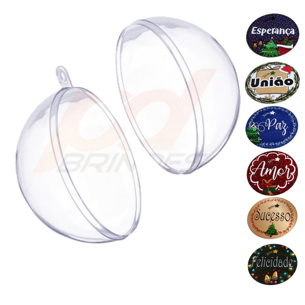 100 Bolas de Natal Transparente Acrílica 7 cm - Para Foto Sublimação Mensagens Natal Sortidas