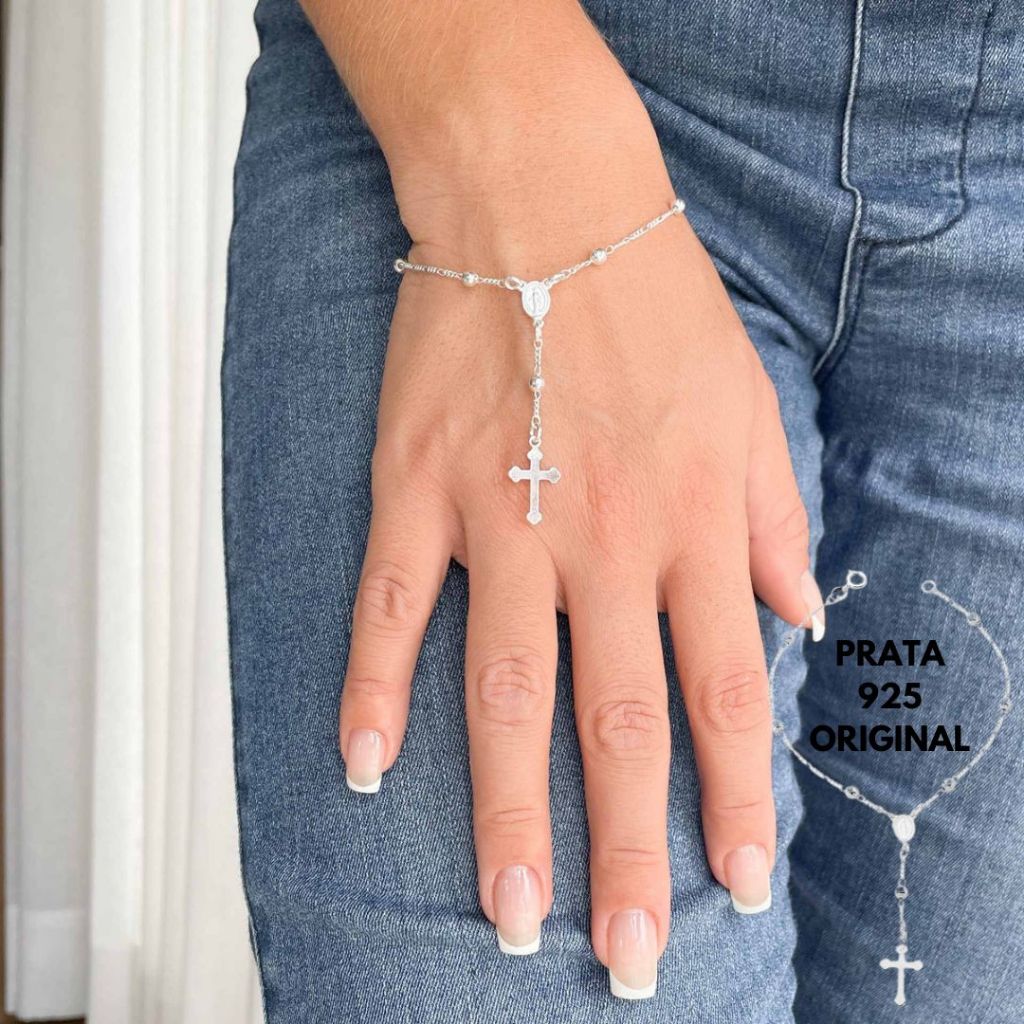 Pulseira Prata 925 Original Terço Bolinha Rosario Nossa Senhora 19cm Legitima De Lei Cruz Presente