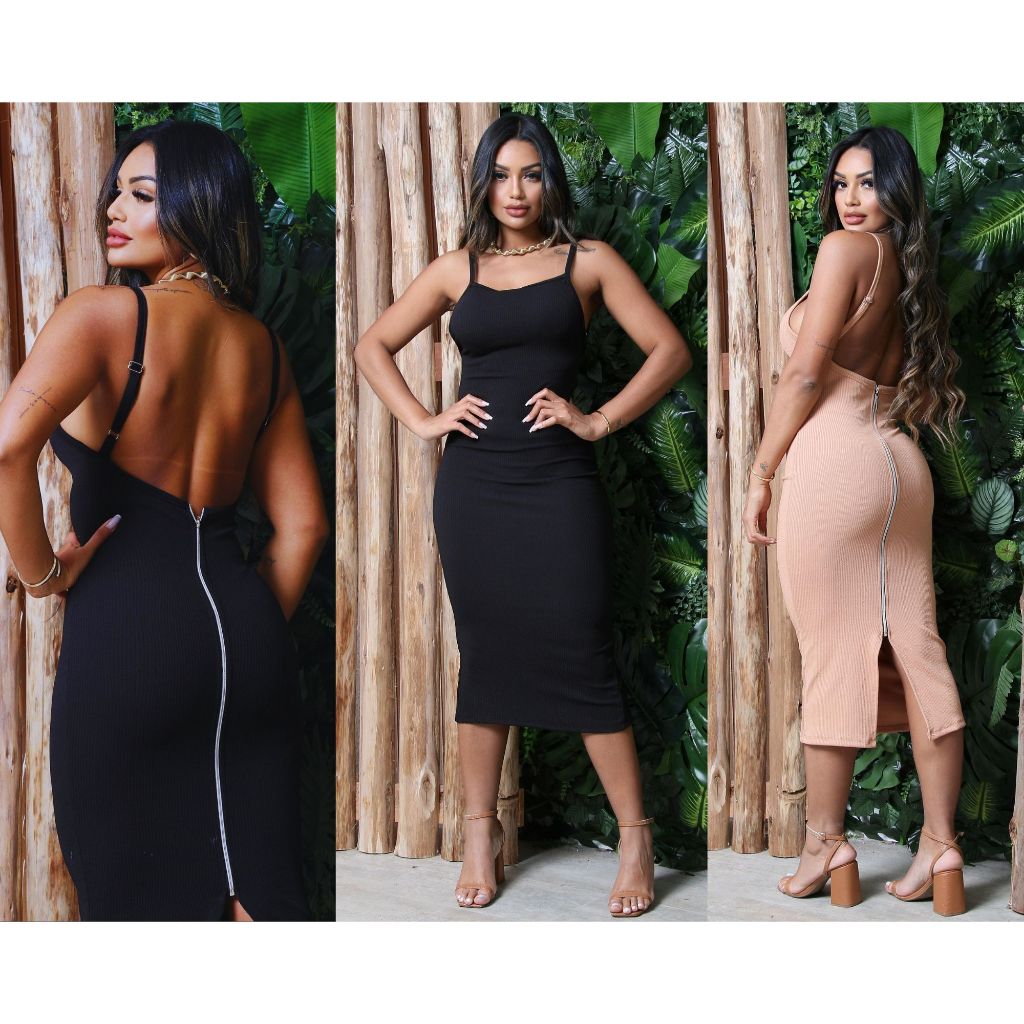 Vestido Agata Midi Feminino de Alça com Costas nua Fenda e Zíper em Oferta na Shopee