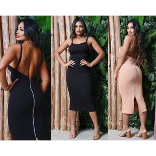 Vestido Agata Midi Feminino de Alça com Costas nua Fenda e Zíper