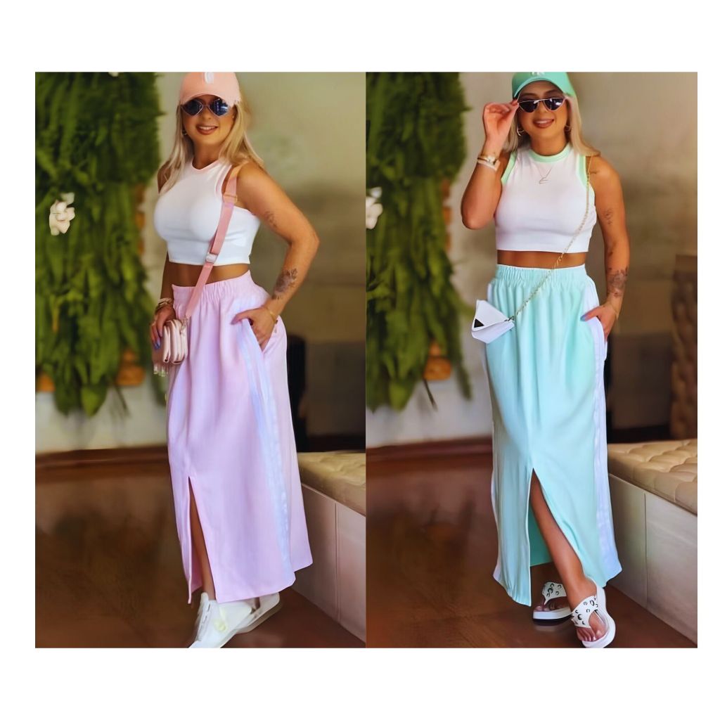 Conjunto Cropped e Saia Longa Listras Feminina com Fenda Candy Color Aerolook Primavera verão