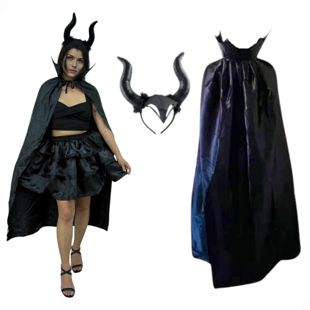 Fantasia Malévola Adulto Kit Capa E Tiara Chifre Carnaval Halloween